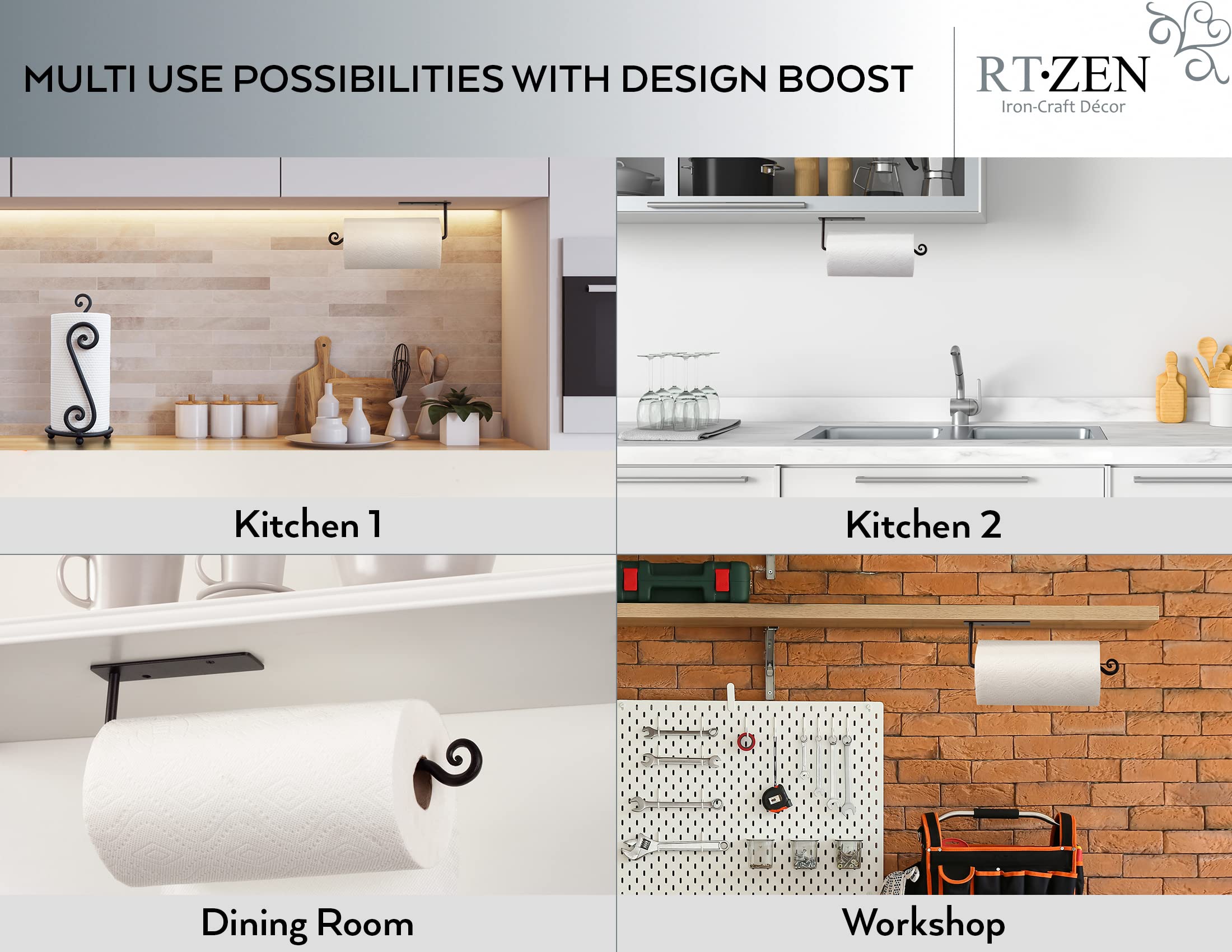 Rtzen Under Cabinet Paper Towel Holder - Wrought Iron Cute Black Farmhouse Decor Inside Cabinet Or Under Counter - Paper Towel H